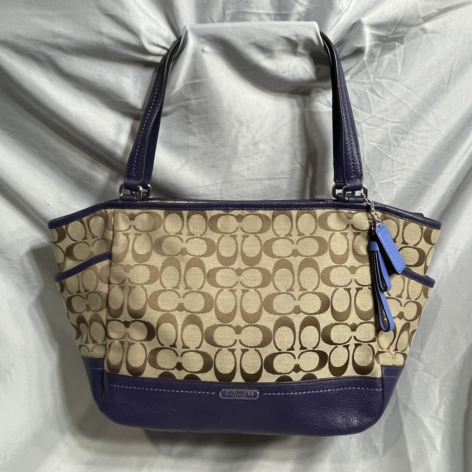 Coach Signature Brown On Khaki With Purple Leather Accent Satchel Carryall Tote ShoulderBag Purse