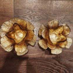 Gold Flower Glass Candle Holder Sets of 2, 7 inch Wide 
