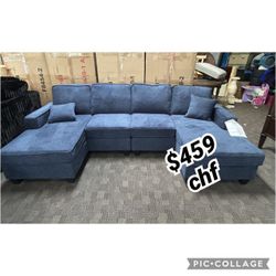 Dark Blue Chenille Double Chaise Sectional Sofa 