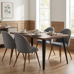 Homy Casa STAN+HAVEN 5PC Dining Set 63” Vintage Brown Table with 4 Haven Grey Fabric Chairs Walnut Legs
