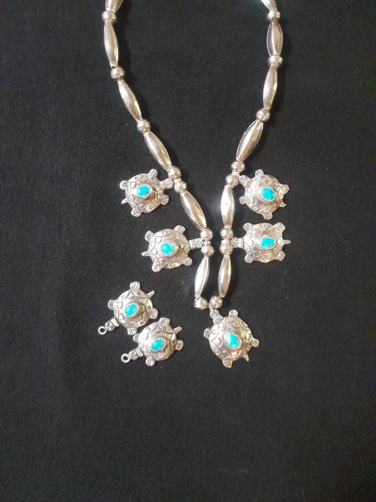 Turquoise And Silver Turtle Fetish Necklace W/matching Earrings