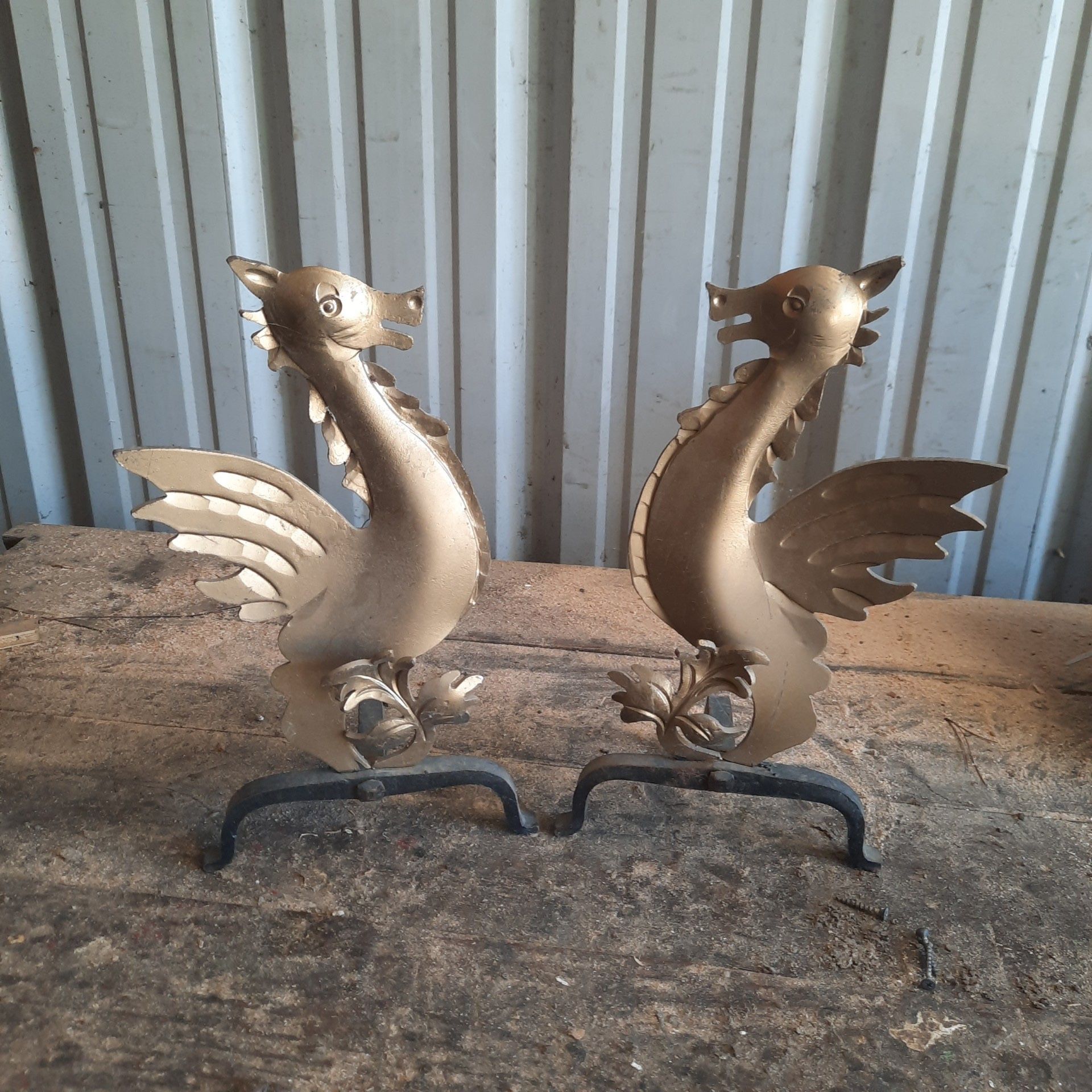 Pair of Cast Iron Dragon Andirons - Minuteman
