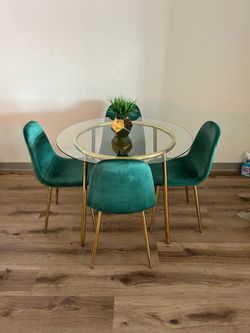 Stunning Round Glass Dining Set w/ Gold Chrome & Velvet Chairs