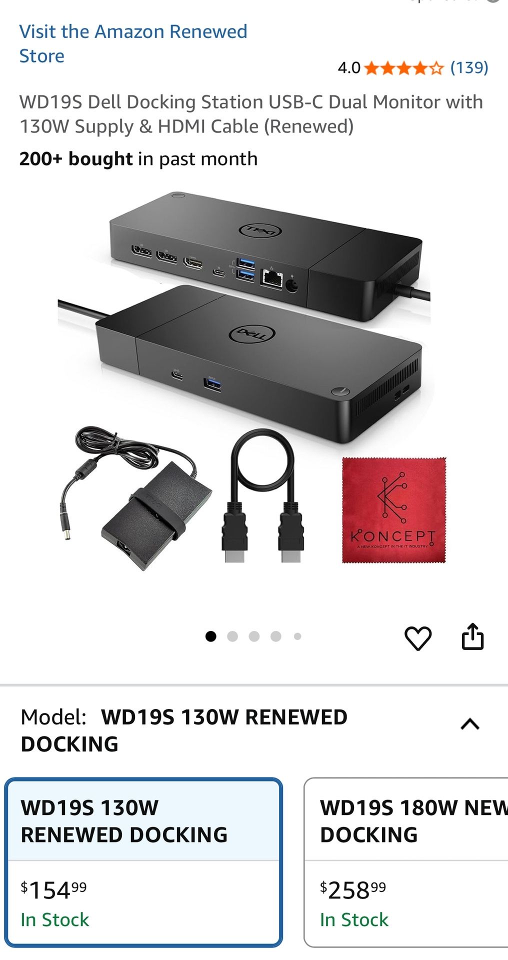 WD19S Dell Docking Station USB-C Dual Monitor with 130W Supply & HDMI Cable (Renewed)