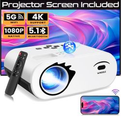 Upgraded 5G Wifi Bluetooth Projector, M8 Native 1080P Video Projector, Portable Outdoor Projector with Screen, Home Theater Mini Projector Compatible 