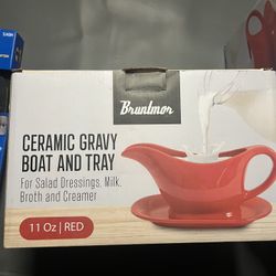 bruntmor 20z Red Ceramic Gravy Boat And Tray New