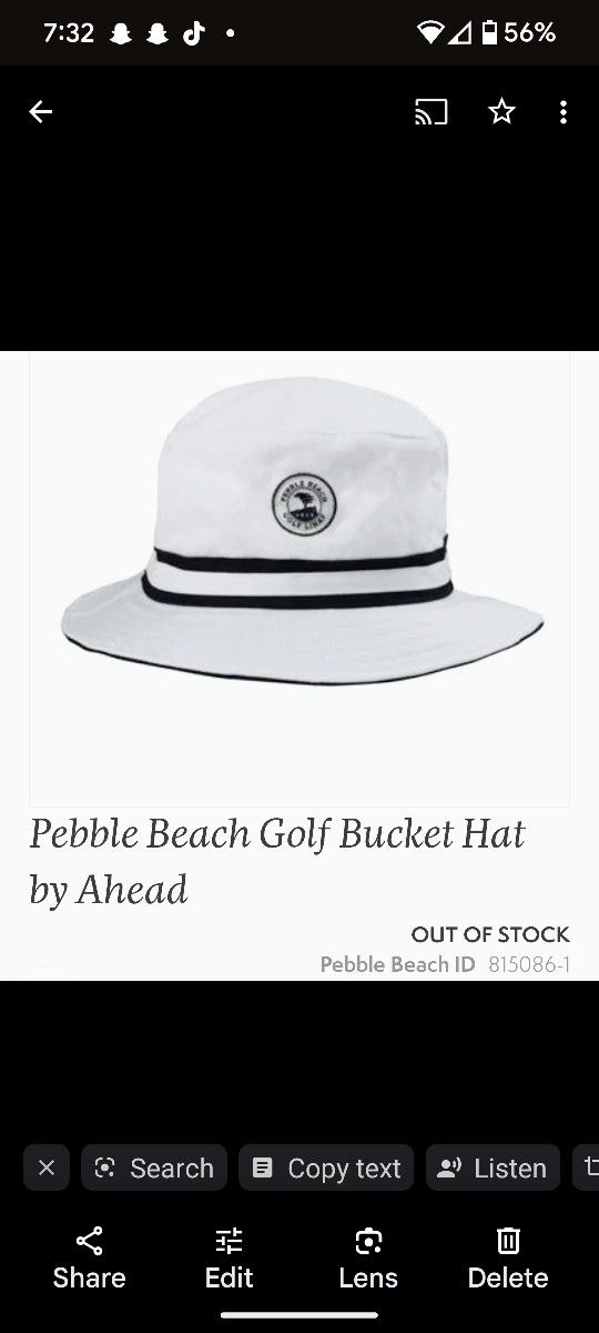 Pebble Beach Bucket Hat Made of cotton and nylon fabric

Approximate 3 1/2" high crown with 2 1/4" wide brim
Can Only Be Bought Pebble Beach Gift Shop