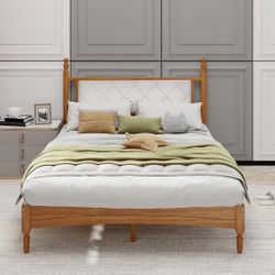 Queen Bed Frame with Fabric Upholstered Headboard, Solid Rubber Wood Foundation , Rustic Oak/White 