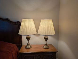 Pair of Vintage Antiqued Brass Table Lamps w/ Pleated Shades