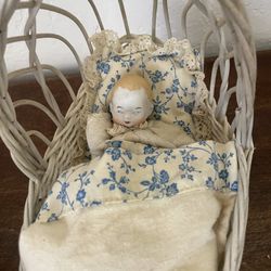 Bisque Miniature Baby Doll With Crib