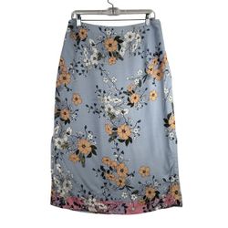 J. Crew Midi Slip Skirt in Grid Floral Blue Side Slit  Women's Size 8