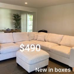 Elegant Ivory Sectional Sofa Couch With Ottoman 