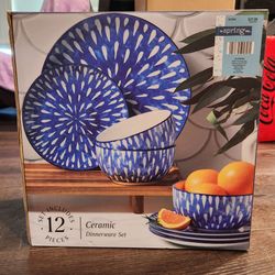 New Spring brand 12-piece Ceramic dinnerware set, 4 Salad Plates, 4 Dinner Plates, 4 Bowls, Microwave, Dishwasher, Food Safe