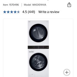  LG Single Unit GAS WashTower with Center Control 4.5 cu. ft. Front Load LG Washer/7.4 cu. ft. Dryer, White