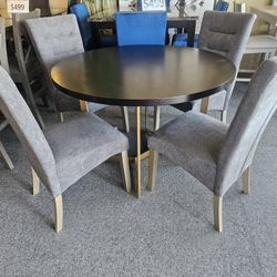 Brand New 48"×30" Espresso Round Dining Table With Gold Base + 4 Gray Linen Chairs 