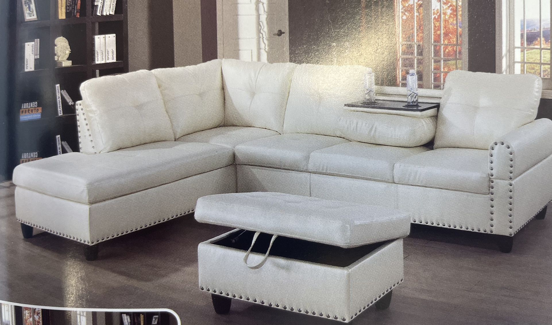 White Leather Sectional Couch With Drop Down Table 