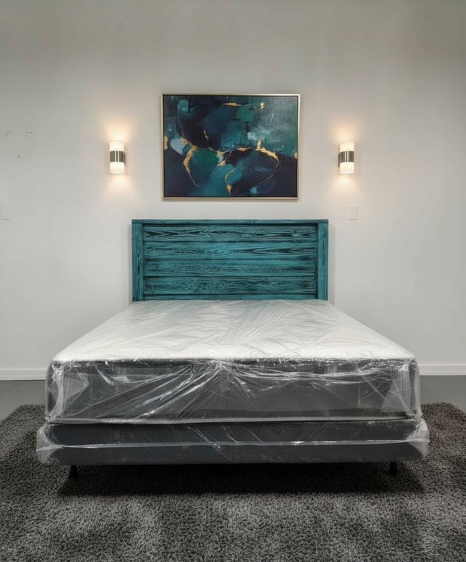 🛏️ Brand New Queen Size Bed   Unique rustic turquoise wood headboard with a matching sturdy frame and comfortable mattress. ✅ Handcrafted finish ✅ Mo