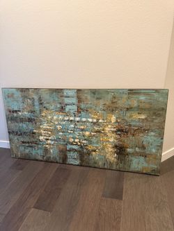 Large Abstract Teal & Gold Canvas Wall Art – 2.5’ x 5’