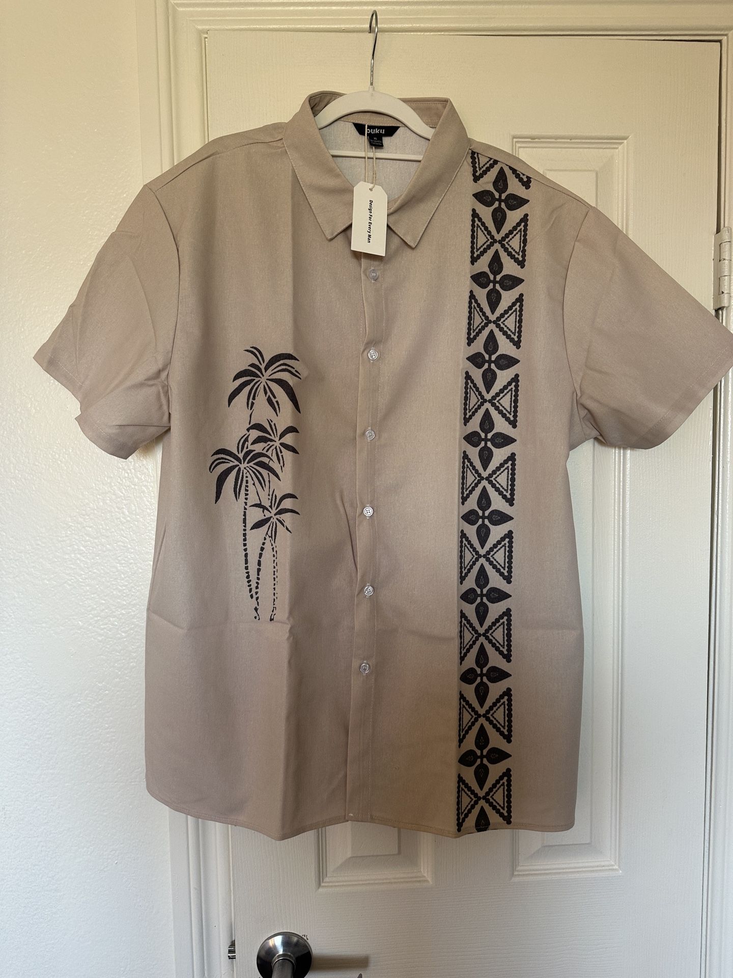 Palm Tree Tan Button Down Shirt - XL