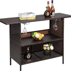 Outvita Outdoor Bar Counter Table, Patio Wicker bar Table with 2 Layer Shelves and Wine Racks for Poolside, Backyard, Garden, Porches Brown