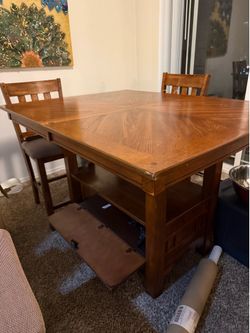 Solid Oak Mission Style Dining Set w/ Butterfly Leaf + Storage Cabinet – 6 Chairs – $800 OBO