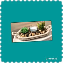 Rope Tray Oval Shape W Succulents And River Rocks And Candle Included All The Decor Sold As A Package 😊