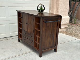 Rustic Walnut Wine & Bar Cabinet | Expandable Serving Top