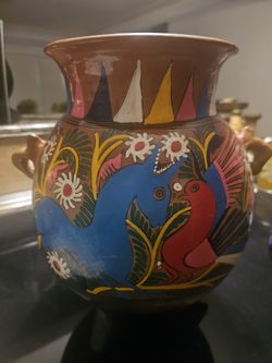 Vintage Terraccota Glazed Handpainted Mexican Pot