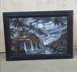 Framed Tropical Landscape Oil Painting Signed Daniel