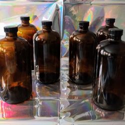 Box Of Six 32oz. Amber Boston Round Glass Bottles With Black Poly Cap