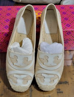 Tory Burch Women’s Espadrille Flats Slip-On Logo Cream/White US 7 Round Toe