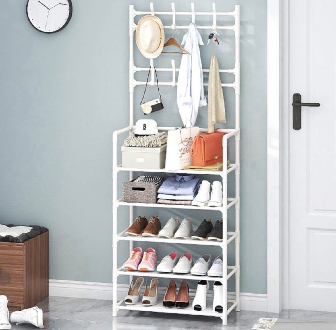 Industrial Coat Rack Stand with Shoe Storage 8 Hooks Hall Tree Free Standing Entryway nizer Stylish Coat Hanger for Living Room & Hallway 60 * 26 * 17