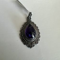 925 Sterling Silver Real Amethyst Gemstone Teardrop Design Pendant