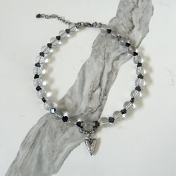 Beaded Quartz, Heart Charm Pendant Choker Necklace Adjustable Lobster Closure