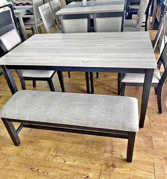 ✅️✅️6 pc bridget ii two tone finish wood dining table set padded seat chairs and bench✅️