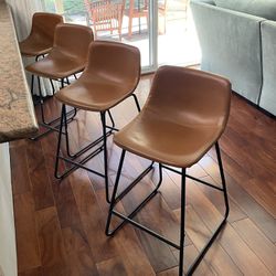 4 Counter Stools, Like-new Condition, Faux Leather/Rod Iron