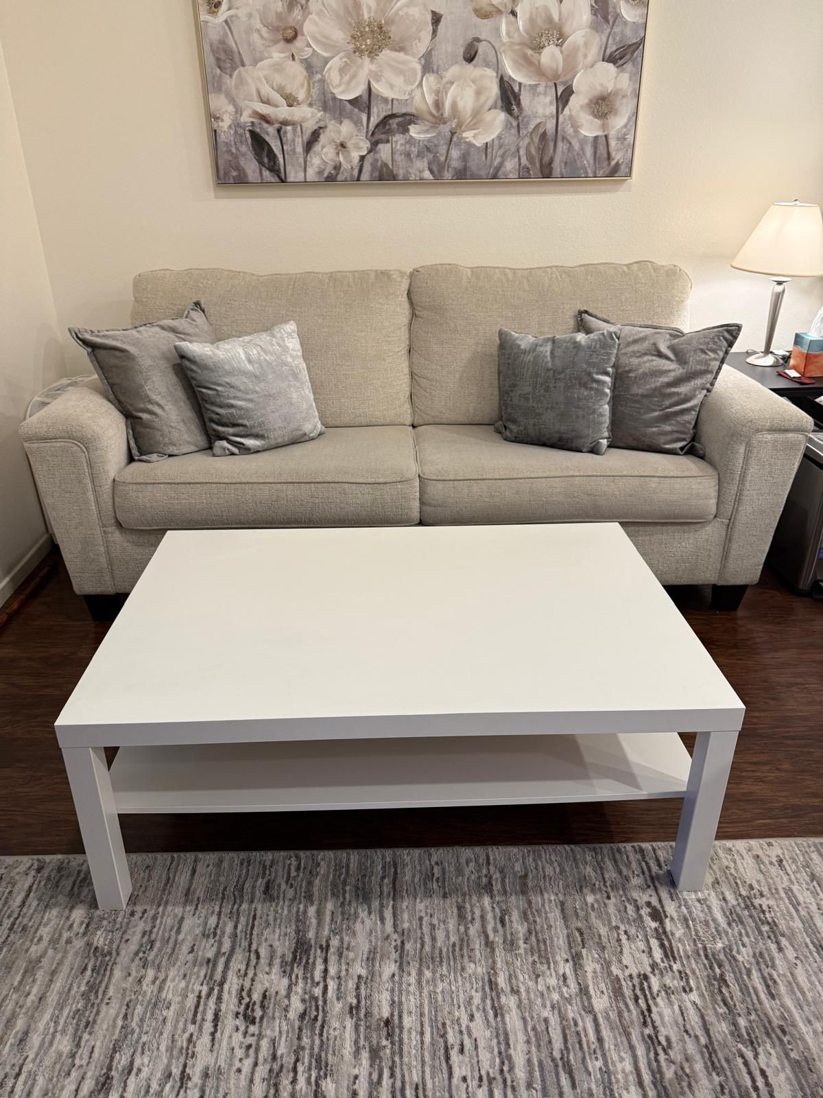 White Rectangle Wooden Table Like New No Scratch And Has Extra Magazine Shelf