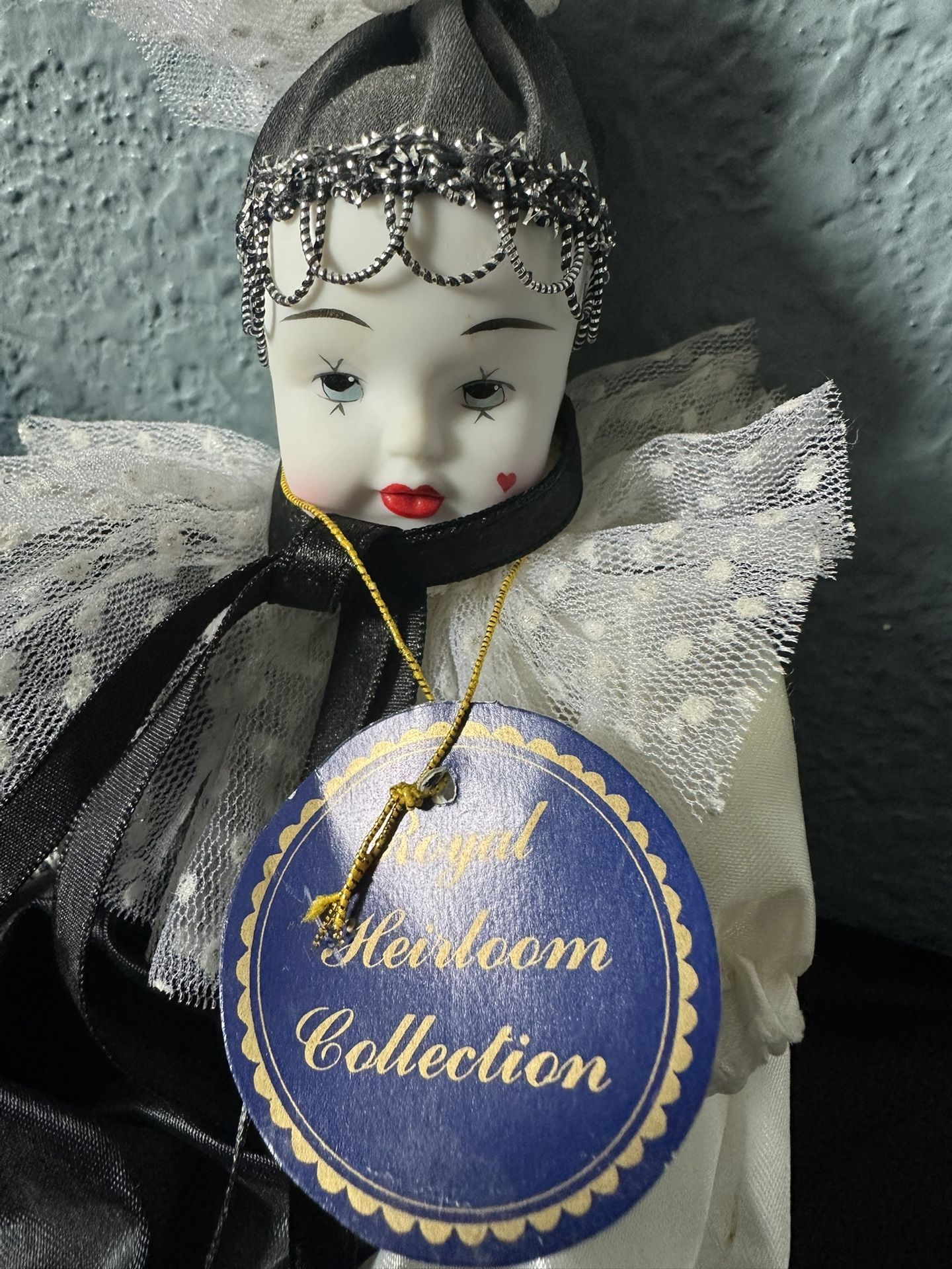 Adorable Porcelain Clown Doll Black and White With A Ruffled Suit