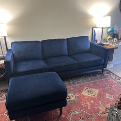 Mid-Century Modern Blue Velvet Couch + Ottoman – $150 (La Mesa)