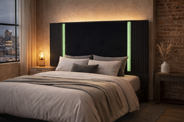 Modern Queen LED Light Headboard Black Fluted Panel Hotel Style 62x58