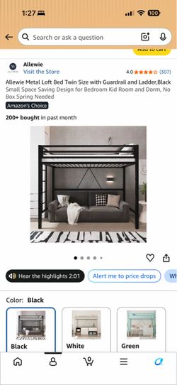 Allewie Metal Loft Bed Twin Size Black