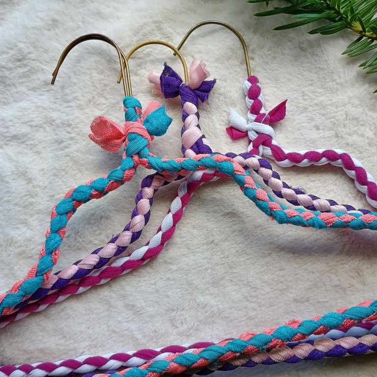 Bundle of 3 vintage hand crocheted or plaited wire hangers, cottagecore, boho