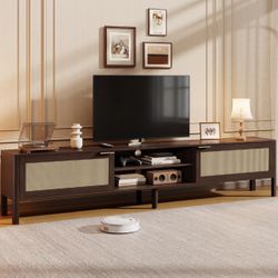 IKALIFE Rattan TV Stand for Living Room - Fits up to 80 Inch TVs, Rattan Media Console Table with Adjustable Shelves & 2 Storage Cabinets, Mid-Century