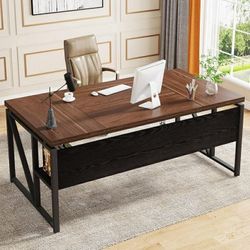 63-In Computer Desk with Storage Shelf, Home Office Desk Writing Table for Workstation, Steel Leg, Dark Brown & Black