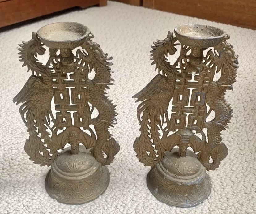 Antique Pair Chinese Double Happiness Candle Holders- Phoenix & Dragon 8”