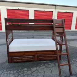 Wooden Twin Size Bunk Bed With 1 Mattress And Two Drawers