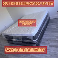 Queen mattress pillow top set with box spring (2pc - new) 