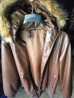 KREW leather jacket furry hoodie 60$
