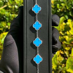 Jewelry 925 sterling silver Tiffany Van cleef style 5 motifs clover shape stone bracelet