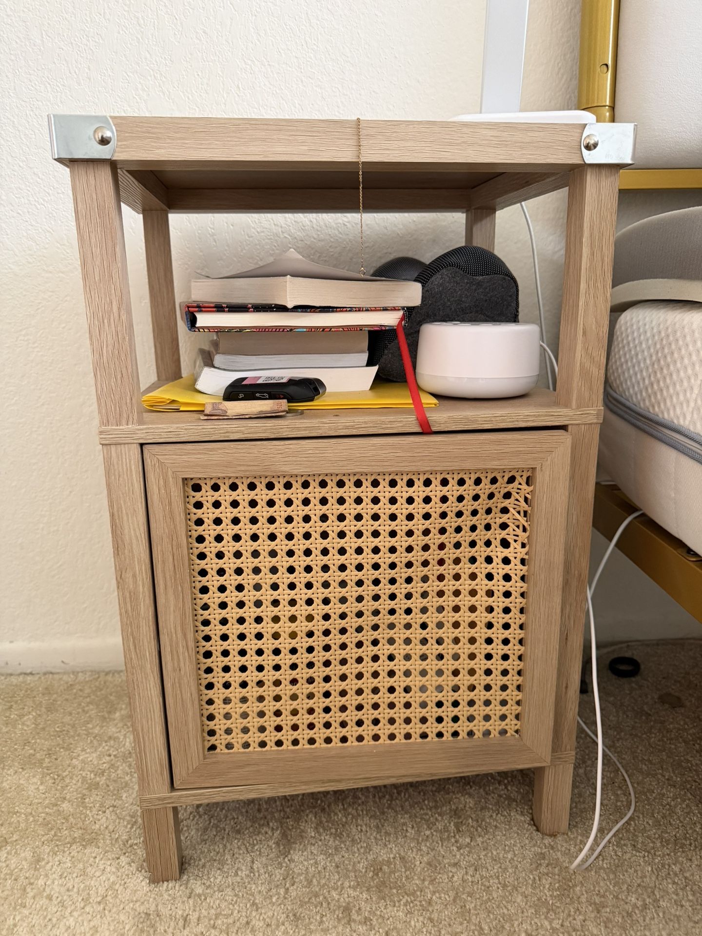 Light Wood Bedside Shelf With Woven Cane Door!